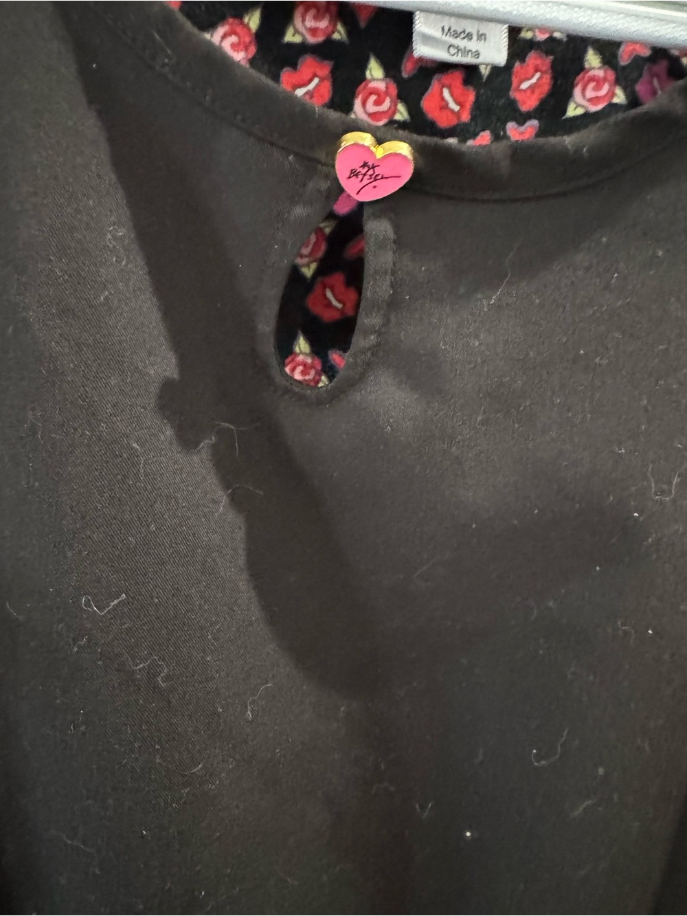 Betsey Johnson Black Scrub Top with Pink Floral Trim - Picture 4 of 5